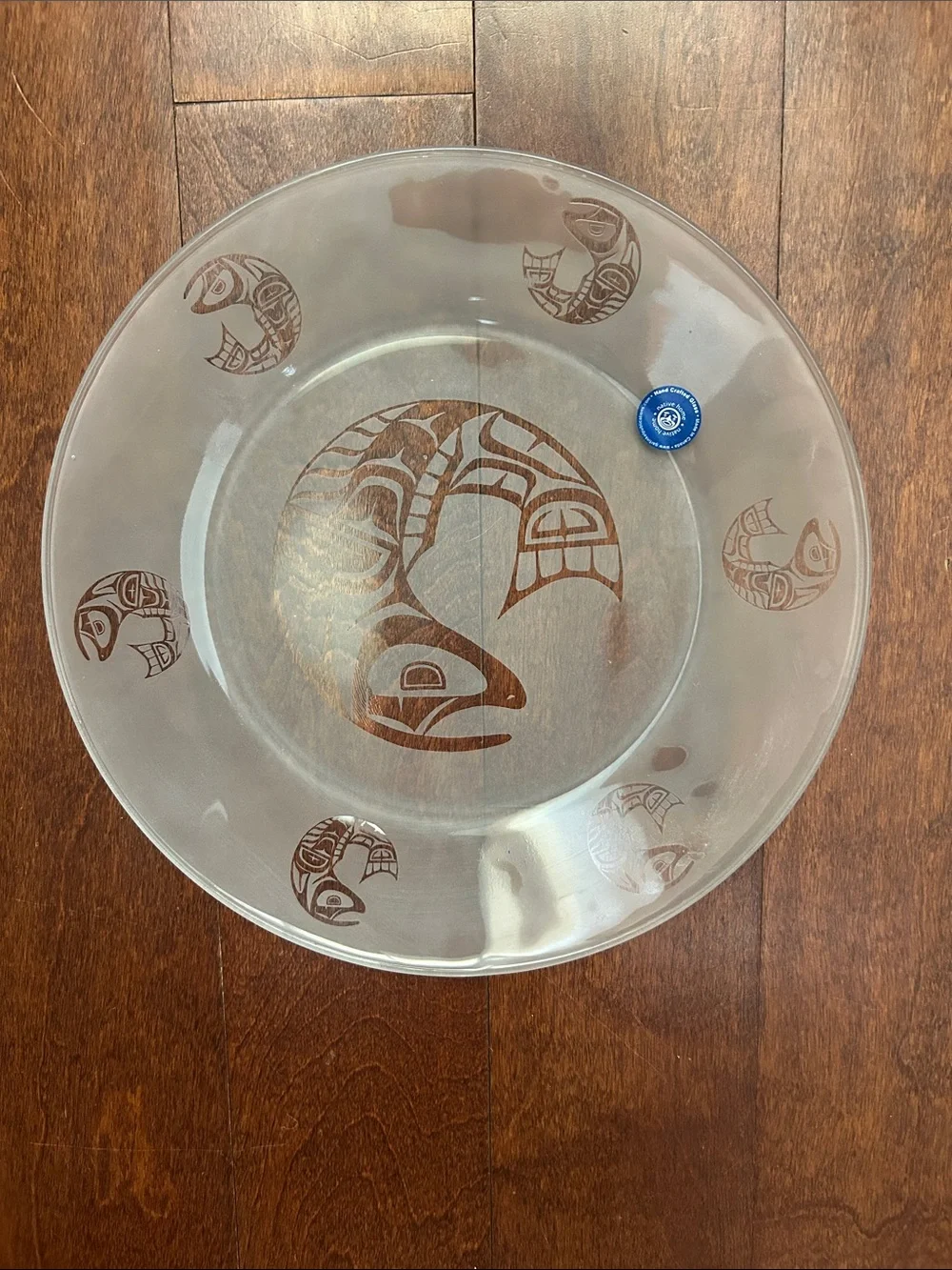 Native Canadian Art, Salmon Clear and Frosted Glass Plate with Salmon Fish